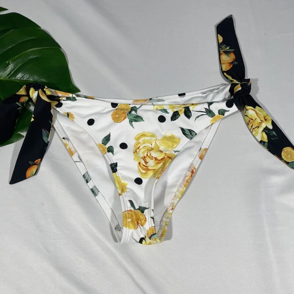 NEW‎ River Island [ 6 US ] Floral Lemon Blocked Tie Side Bikini Bottom White